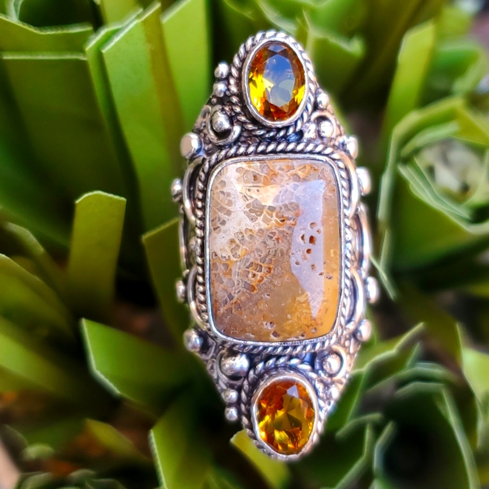 New Oversized Fossil Coral & Citrine 925 Silver Statement Ring.